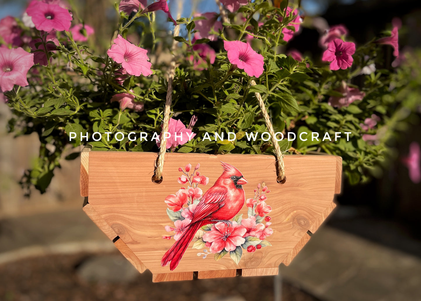 "Cardinals" cedar wood hanging planter