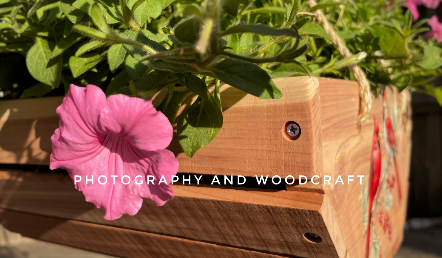 "Cardinals" cedar wood hanging planter