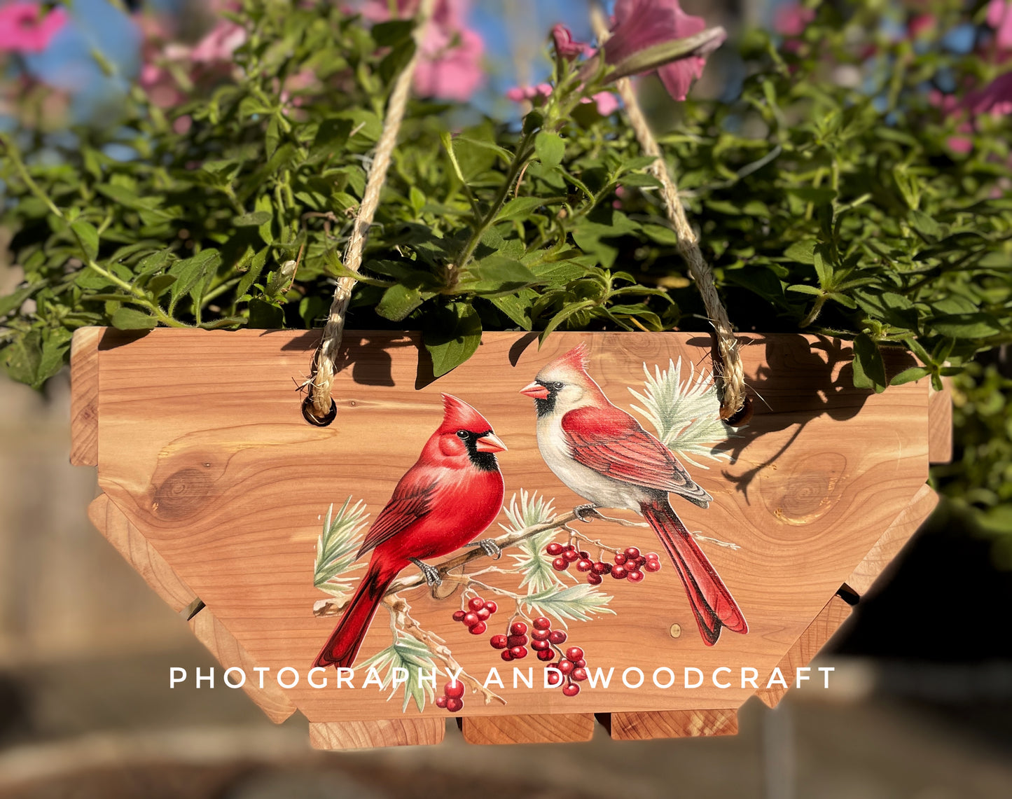 "Cardinals" cedar wood hanging planter