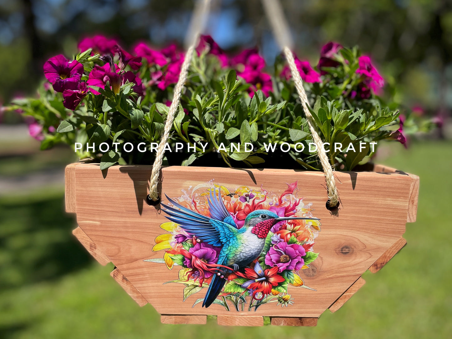 Hummingbirds cedar wood hanging planter