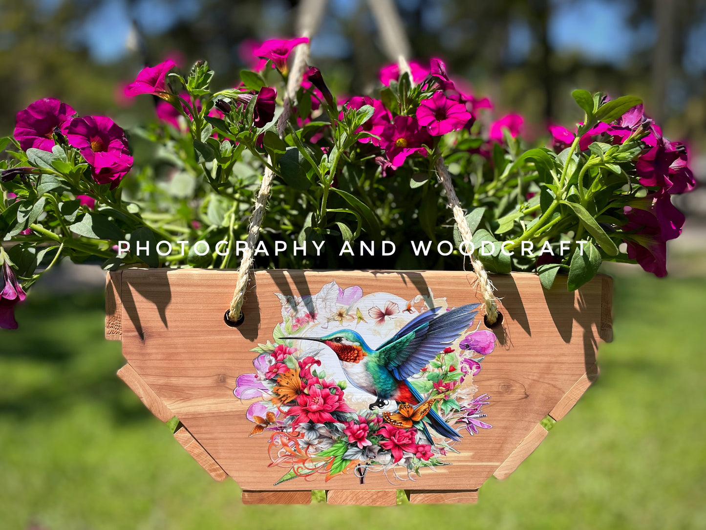 Hummingbirds cedar wood hanging planter