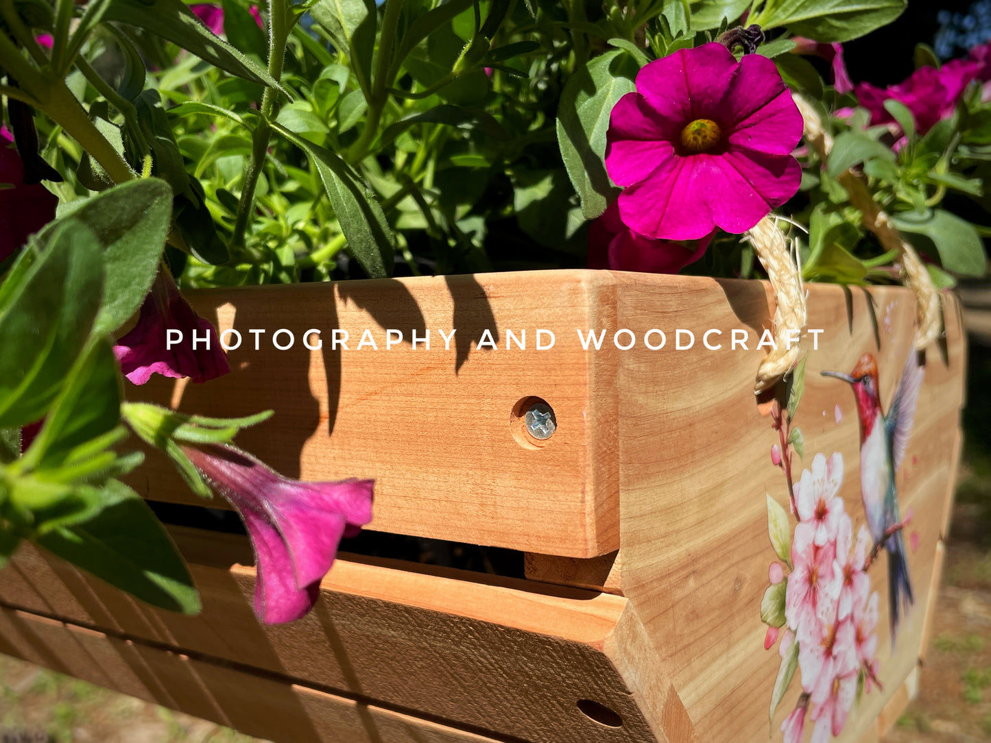 "Cardinal and Hummingbird" cedar wood hanging planter