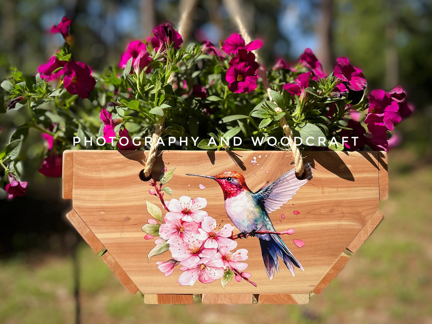 "Cardinal and Hummingbird" cedar wood hanging planter