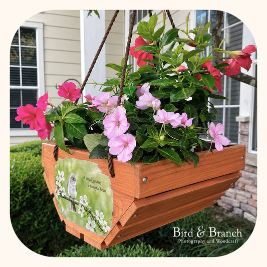 Acadian Flycatcher hanging cedar basket planter