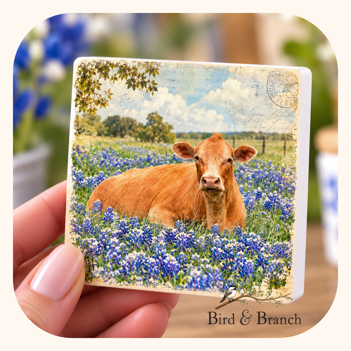 Cow in Texas bluebonnets - Wooden Refrigerator Magnet