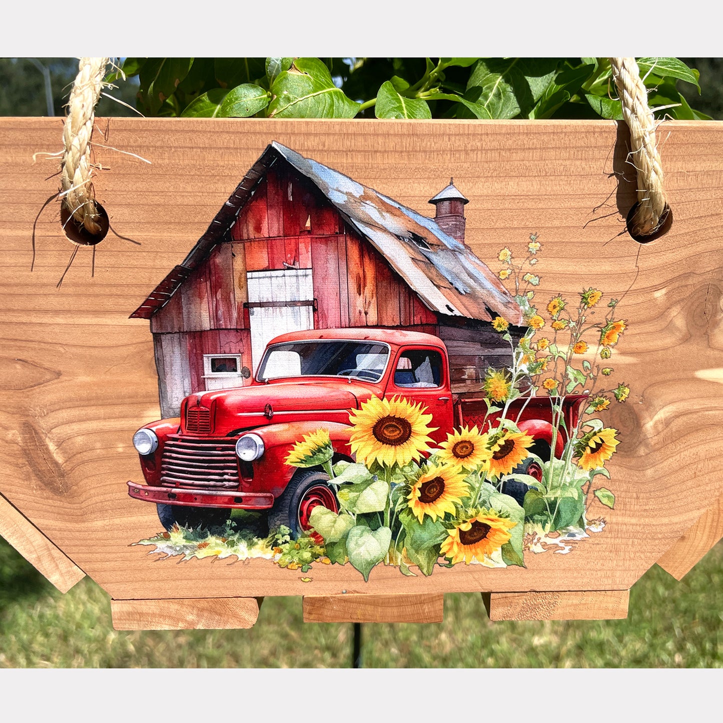 Cedar Wood Hanging Flower Basket with Truck Prints