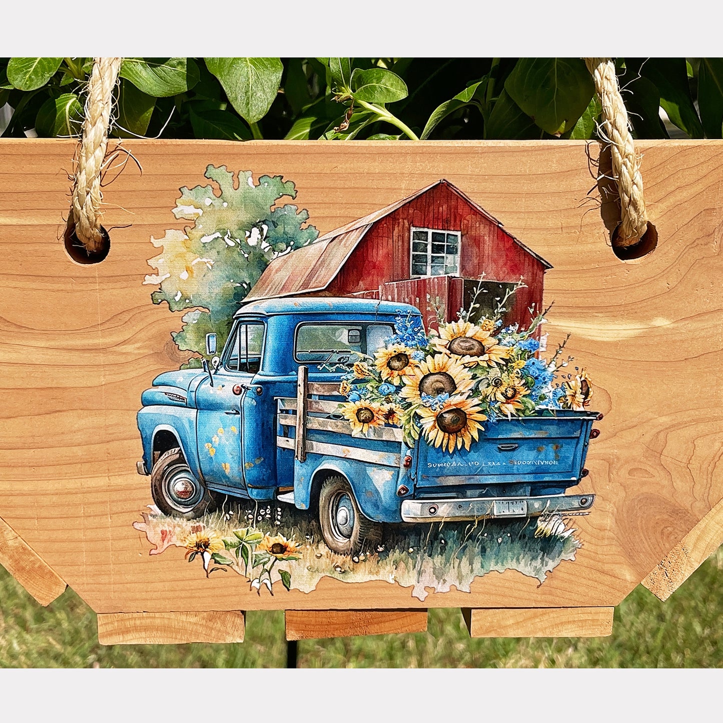 Cedar Wood Hanging Flower Basket with Truck Prints