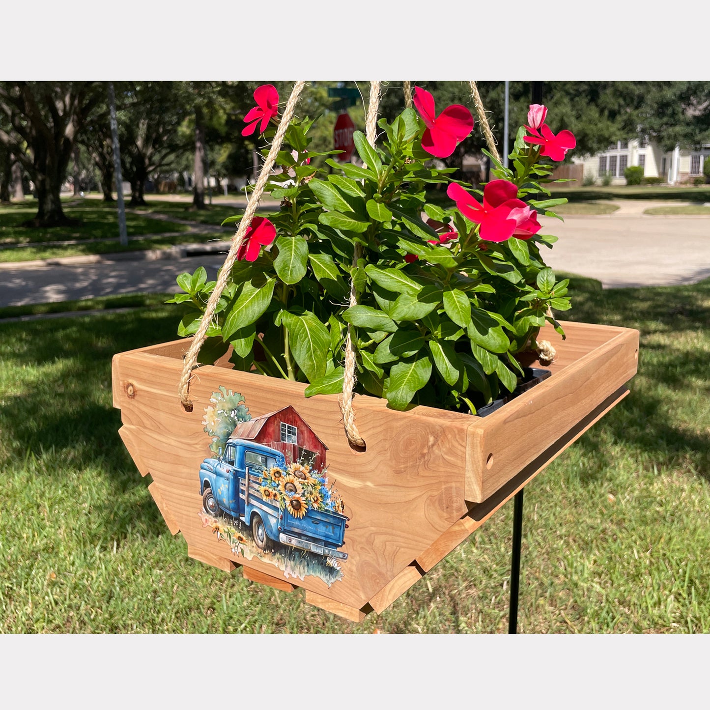 Cedar Wood Hanging Flower Basket with Truck Prints