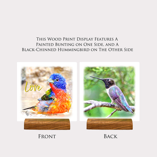 Painted Bunting and Hummingbird Wood Print Stand