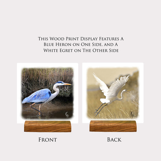 Blue Heron and White Egret Wood Print Stand