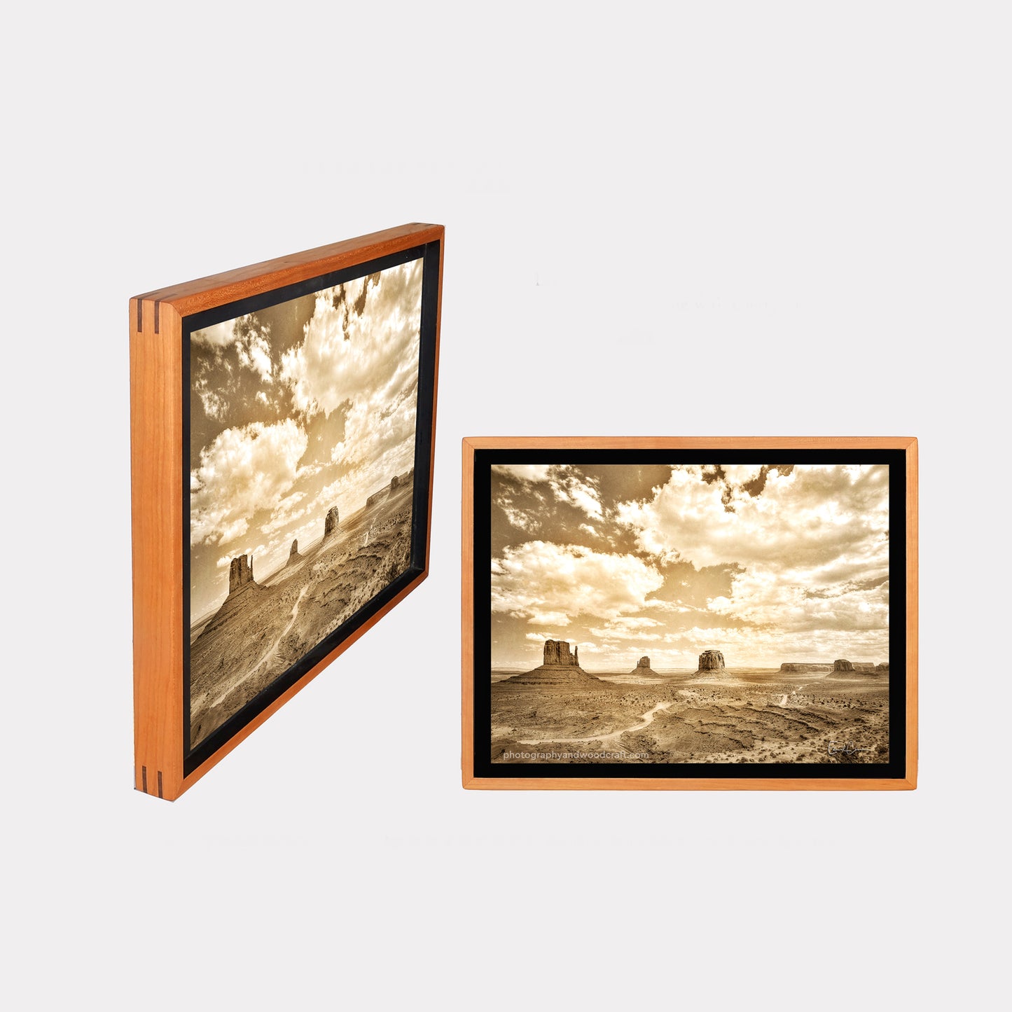 12" x 16" Monument Valley Arizona. Canvas Print in Deluxe Cherry Wood Floating Frame with Walnut Wood Inlays.