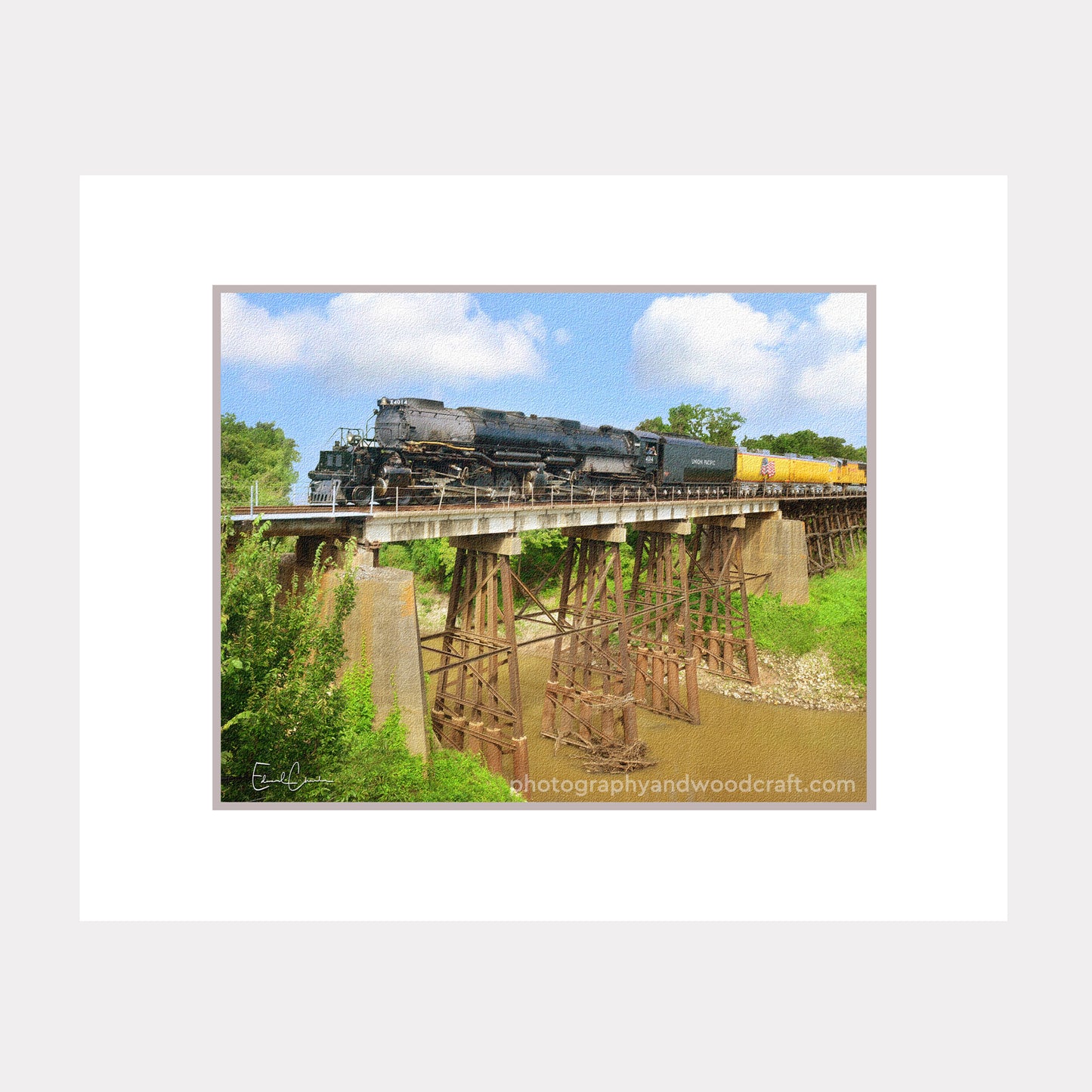 Union Pacific 4014 Locomotive over the Navasota River (11" x 14") Matted Canvas Print